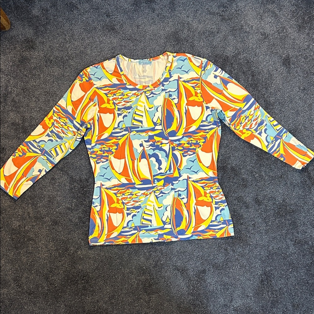 J. McLaughlin Multicolor Regatta Print Top. 3/4 sleeve. Easy care.
